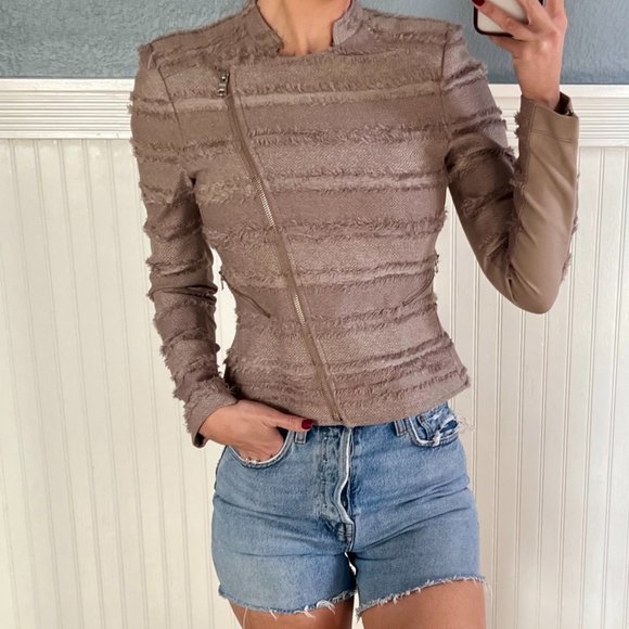 BCBG Maxazria Jaison Tan Striped Fringe Moto Jacket XS - Picture 2 of 9